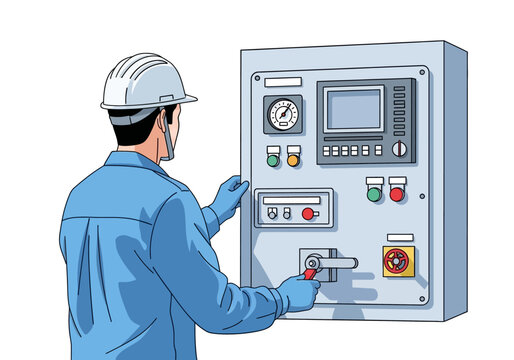Technician operating industrial control panel with various buttons and dials