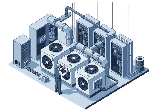 Technician inspecting industrial air conditioning units in a modern facility