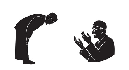 Man bowing to another man in respect or apology, minimalist black silhouettes
