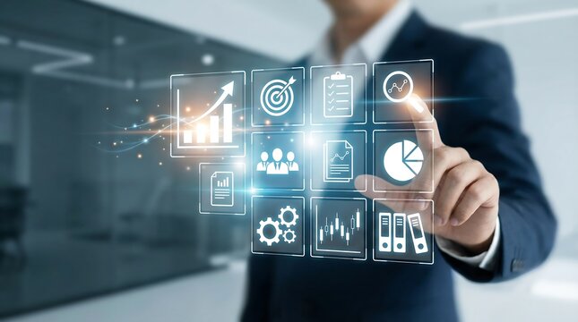 A businessman points to an interactive holographic display showcasing diverse glowing business management icons like growth charts, targets, gears, and important documents.