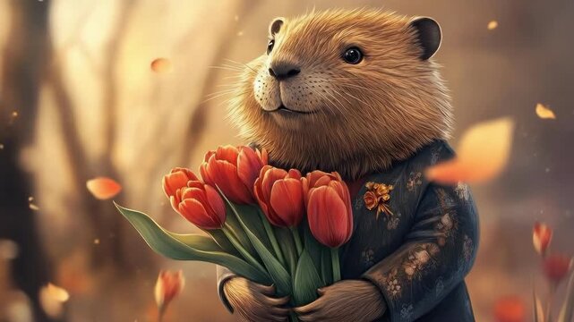 Charming groundhog holding tulips in artistic floral coat surrounded by blossoming garden. March 8, International Women's Day. Mother's Day. Spring
