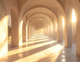 Naklejka premium Sunlight streams through a long architectural arcade with arched openings.