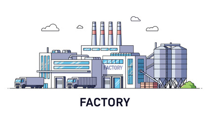 Obraz premium Massive industrial manufacturing plant with large storage silos and multiple delivery trucks ready for global product distribution.