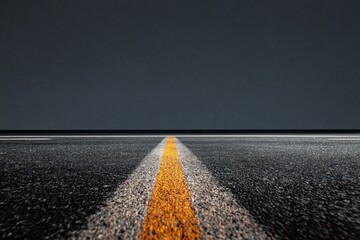 Empty Road Perspective Straight Asphalt Surface with Center Yellow Line on a Gray Seamless Wall Background Transportation Infrastructure Design for Travel and Road Safety and Minimalist Composition