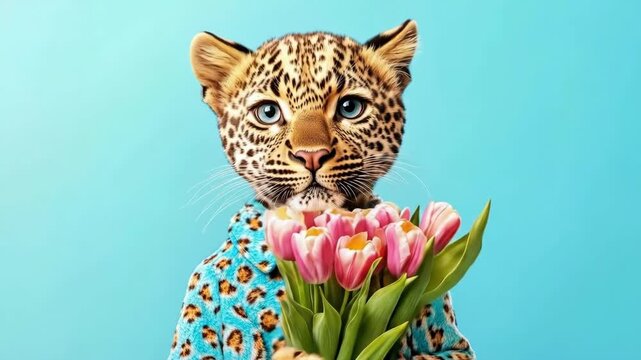 Leopard in sweater holding pink tulips against blue background. March 8, International Women's Day. Mother's Day. Spring