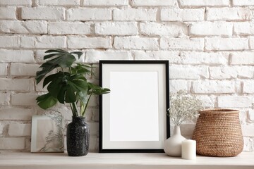 Modern Interior Scene with Black Frame Mockup on White Shelf Against Brick Wall Featuring Plants Vase and Candle Perfect for Displaying Art or Photography