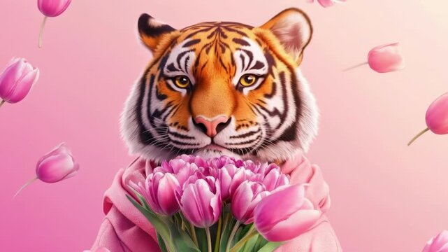 Tiger wrapped in pink scarf with tulips and floating petals on pastel background. March 8, International Women's Day. Mother's Day. Spring