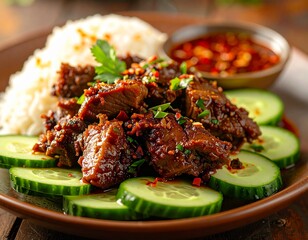 Fototapeta premium Authentic Asian Stir-fried Beef with Fluffy White Rice, Crisp Cucumber Slices, and a Spicy Dipping Sauce on a Rustic Plate for a Flavorful Meal