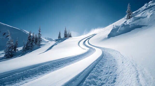 Snowy mountain scene with winding ski tracks cutting through pristine white snow, sunny day