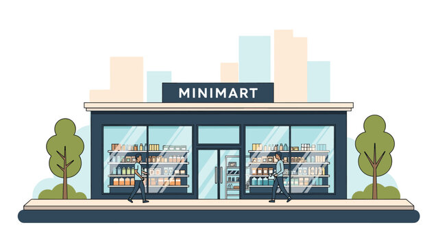 Sleek contemporary minimart storefront featuring large glass windows and shoppers walking past with a city skyline in the background.