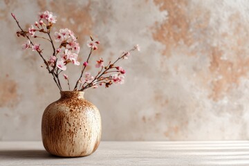 Floral Arrangement in Earth Tones: Peach Cherry Blossoms in a Ceramic Vase Set Against a Mottled Wall Design Still Life Composition Gentle Spring