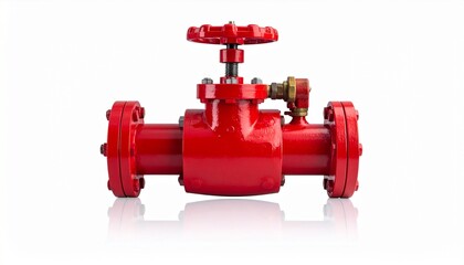 Red industrial gate valve with wheel handle and flanged ends&mdash;evokes control, safety, and minimalist mechanical symbolism.