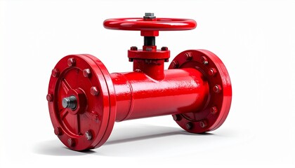 Red industrial gate valve with wheel handle and flanged ends&mdash;evokes control, safety, and minimalist mechanical symbolism.