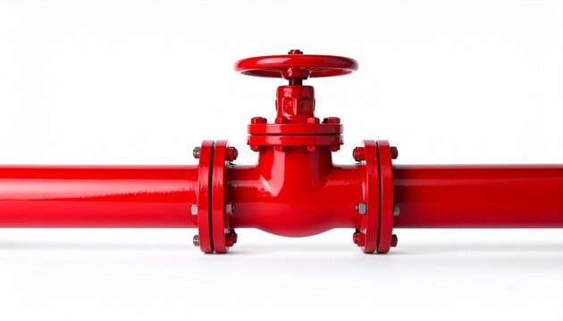 Red industrial gate valve with wheel handle and flanged ends&mdash;evokes control, safety, and minimalist mechanical symbolism.