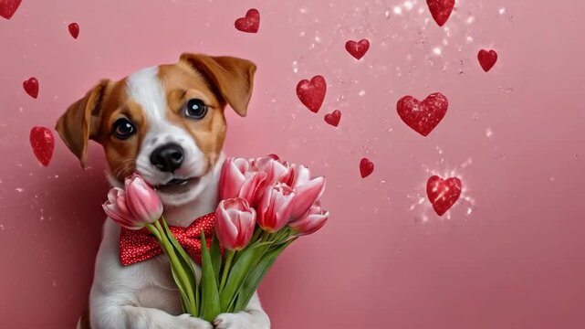 Cute puppy with pink tulips and heart decor on pink background. Mother's Day, Mothering Sunday, Dia de la Madre. The 14th of February. Happy Valentine's Day. International Women's Day, March 8th, IWD