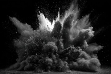 Controlled Chaos Abstract Eruption of Fine Dust Particle Explosion Suspended in Time Dramatic Impact Ash Cloud on Black Background Visual Display Fragmented Splintering