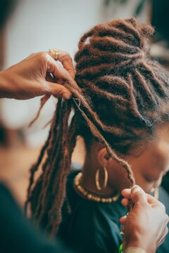 Hairstylist skillfully attaching de dreads to create trendy natural look