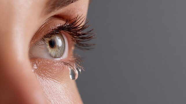 Tears reflecting emotion: close-up of human eye with teardrop