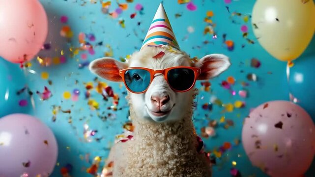 Festive alpaca in party hat and sunglasses surrounded by colorful balloons and confetti