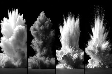 Monochromatic Explosion Sequence: Dynamic Display of Forceful Bursts, Captivating Stages of Impact in High-Contrast Black and White Composition for Graphic Design