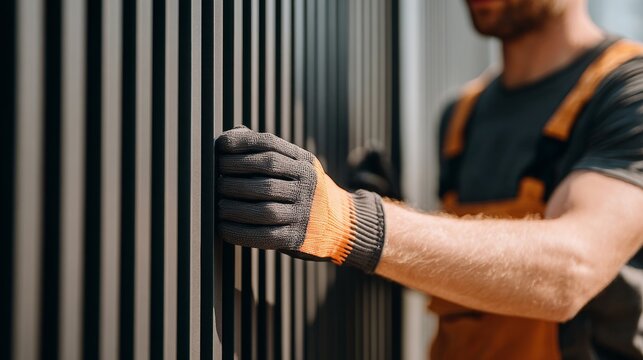 Close-up of worker hands installing modern aluminum sliding gate