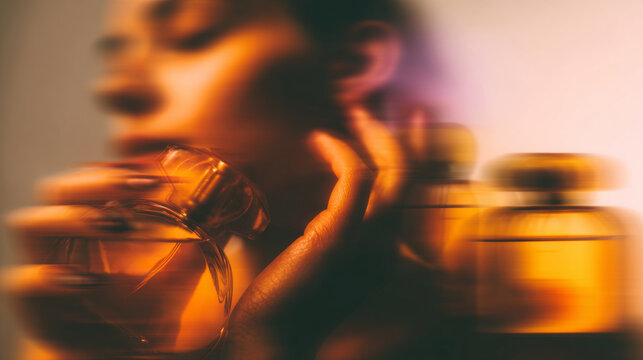 Artistic blurred scene of perfume bottles with elegant hand gesture