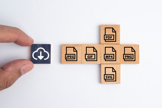 wooden box with save file icon or download file format JPEG, PNG, GIF, PDF, SVG And MP4 file. file icons are arranged into folders. Concept document management system or DMS.