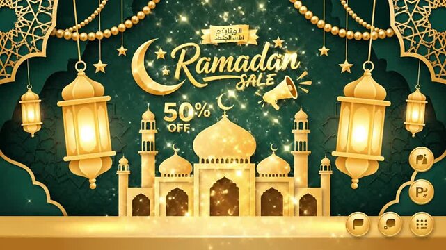 Vibrant Ramadan Sale 50% OFF digital banner featuring a mosque, illuminated lanterns, and crescent moon, perfect for e-commerce, marketing campaigns, and festive holiday promotions.