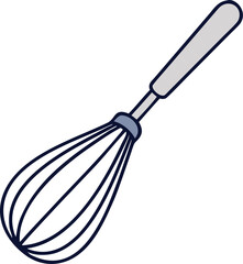 A simple illustration depicts a blue and silver balloon whisk kitchen utensil