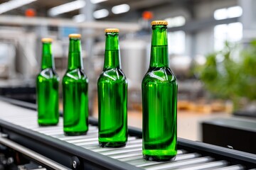 Green beer bottles moving on factory production line