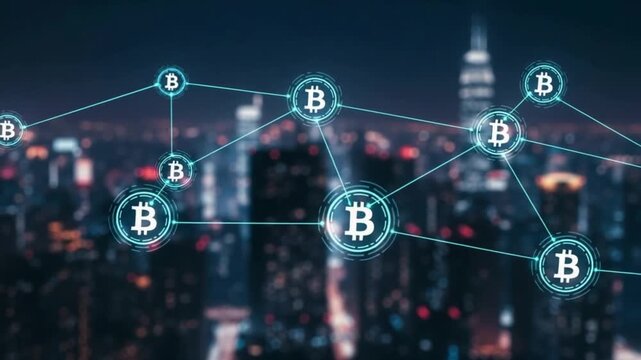 Bitcoin cryptocurrency network diagram with cityscape background at night