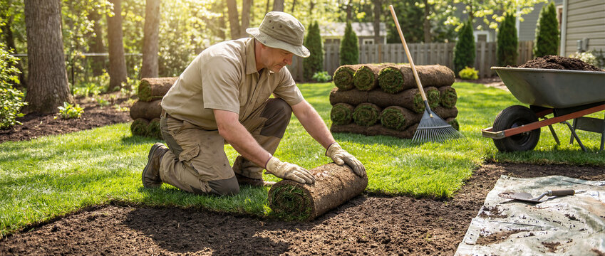 Professional Landscaping Job Installing Natural Grass Turf