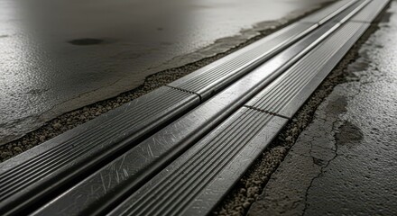 Metallic structural expansion joint spans across a damp, rough concrete surface