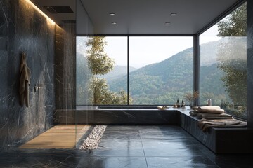 Contemporary Bathroom Design Marble Shower Room Stylish Interior Minimalist Bathroom Architecture Black Marble Natural Light Home Decor Mountain View