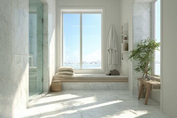 Elegant White Marble Bathroom Oasis with Ocean View, Modern Design, Relaxation and Spa, Bathtub and Plant, Window Retreat