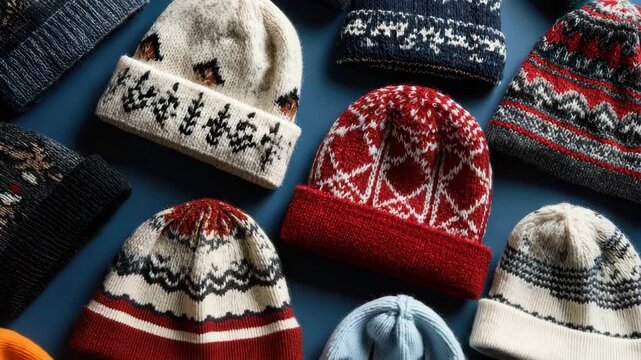 Warm woolen winter hats resting on blue background