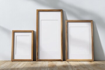 Elegant Oak Picture Frames Mockup Collection: Modern Style on a Wooden Floor against a White Wall for Art Showcase and Interior Design Inspiration