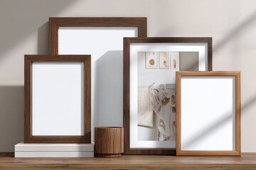 Assorted Wooden Picture Frames Mockups on Shelf: Contemporary Style with Natural Wood Tones for Art Displays and Interior Design Visualizations