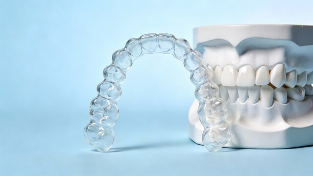 Clear dental aligner on plaster model teeth, showcasing the process orthodontic treatment for teeth straightening and smile correction