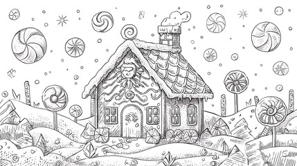 Obraz premium Charming line art illustrating a gingerbread house with candy details in a winter wonderland