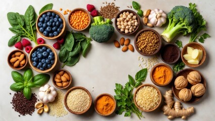 Fototapeta premium Healthy foods arrangement with nuts, spices, fruits, and vegetables on light background.