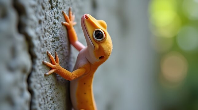 A realistic close environmental view of a house gecko attached to a concrete wall with clear texture detail.