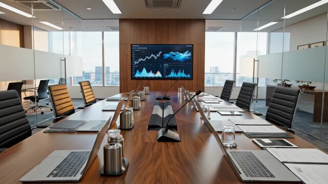 Modern conference room with data visualization on central screen for corporate meeting. Empty board room with laptops and microphones.