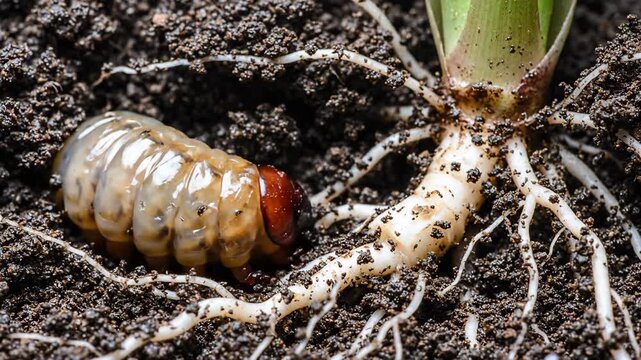 Close up of a grub borer larva moving around plant roots in soil. Pest control concept and agricultural infestation.