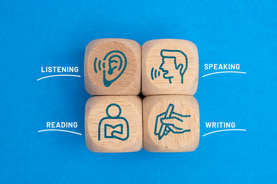 puzzle with speaking, listening, writing, and reading icons. What are the four domains of literacy? What Language Skills Do ELLs Need?