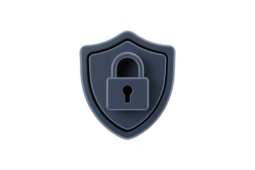 Digital security icon featuring a three dimensional dark gray shield with a prominent padlock symbol representing protection and privacy against threats