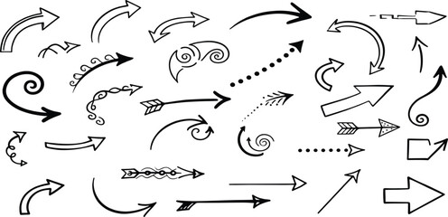 Hand Drawn Arrow Icon Set with Curved, Decorative, Directional, and Doodle Style Arrows for Infographics, Diagrams, Web, and Graphic Design