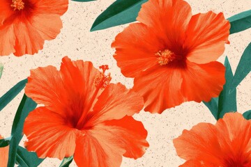 Striking Floral Arrangement: Vivid Orange Hibiscus Blooms and Lush Green Leaves on Light Speckled Background, Bold Tropical Illustration