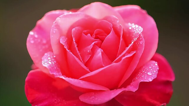 Close-up of a pink rose with water droplets on its petals, romantic floral background, dew-kissed flower, nature vibrant pink petals
