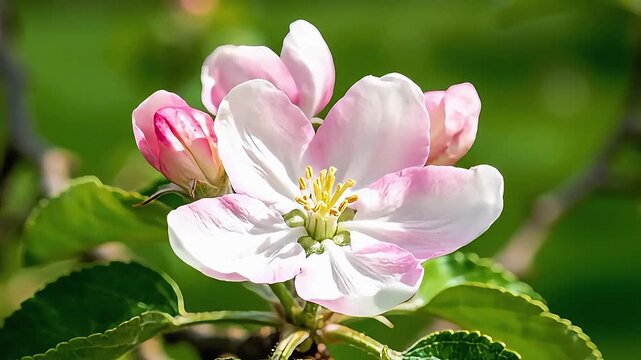 Close-up of pink and white apple blossoms with green leaves on a sunny day in spring garden or orchard with blurred background